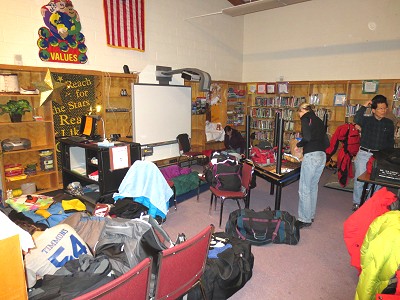 Birkie Patrollers claim spaces to sleep in the Hayward Middle School Library